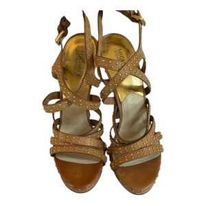 Michael Kors Tan leather gold studded strappy heels with platform at toe